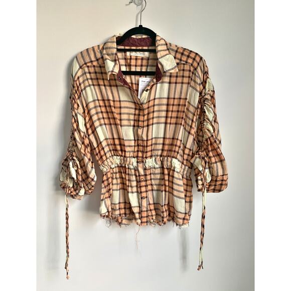NWT Free People Pacific Dawn Plaid Top Orange Yellow Peach Tree Combo SMALL - Picture 4 of 8
